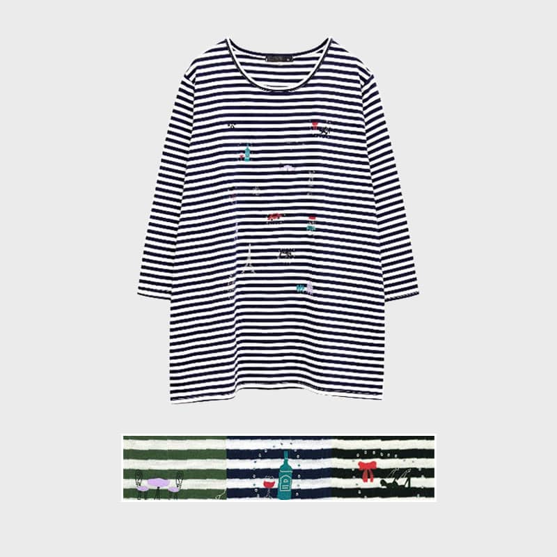 【バンドル】婦人7分袖ボーダー前身プリントTシャツ