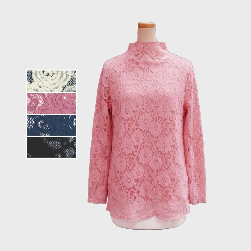 【バンドル】婦人ボトルネックメロー花柄レースTシャツ